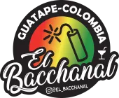 Logo for El Bacchanal, a bar in Guatapé, Colombia, featuring a red, yellow, and green gradient background, a firecracker icon, a cocktail glass, and the Instagram handle @el_bacchanal.