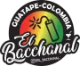 Logo for El Bacchanal, a bar in Guatapé, Colombia, featuring a red, yellow, and green gradient background, a firecracker icon, a cocktail glass, and the Instagram handle @el_bacchanal.