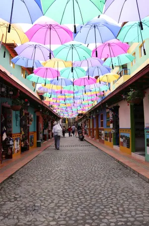 A cobblestone street lined with colorful buildings under a vibrant canopy of multi-colored umbrellas
