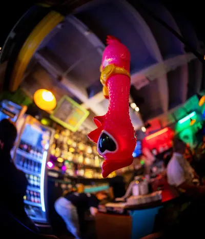 Red rubber toy in the shape of a chicken hanging in the foreground, inside a colorful bar full of lights.